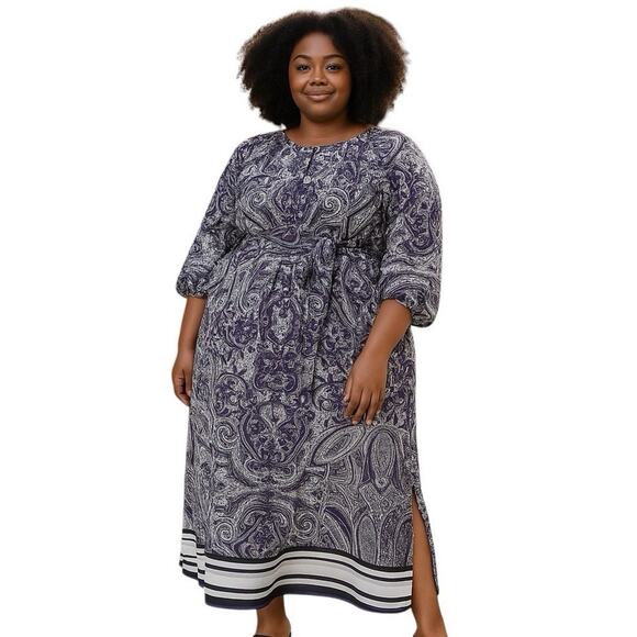 Lane Bryant Paisley Print Belted Maxi Dress Size 22 Boho 3/4 Sleeve Party Satin - Picture 8 of 8